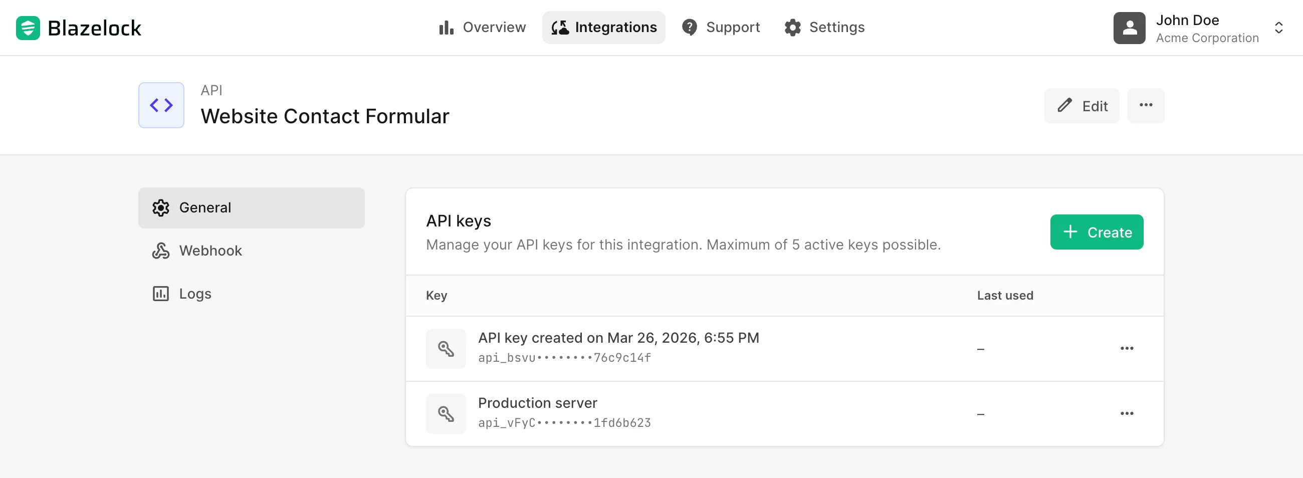Blazelock API integration details with API keys