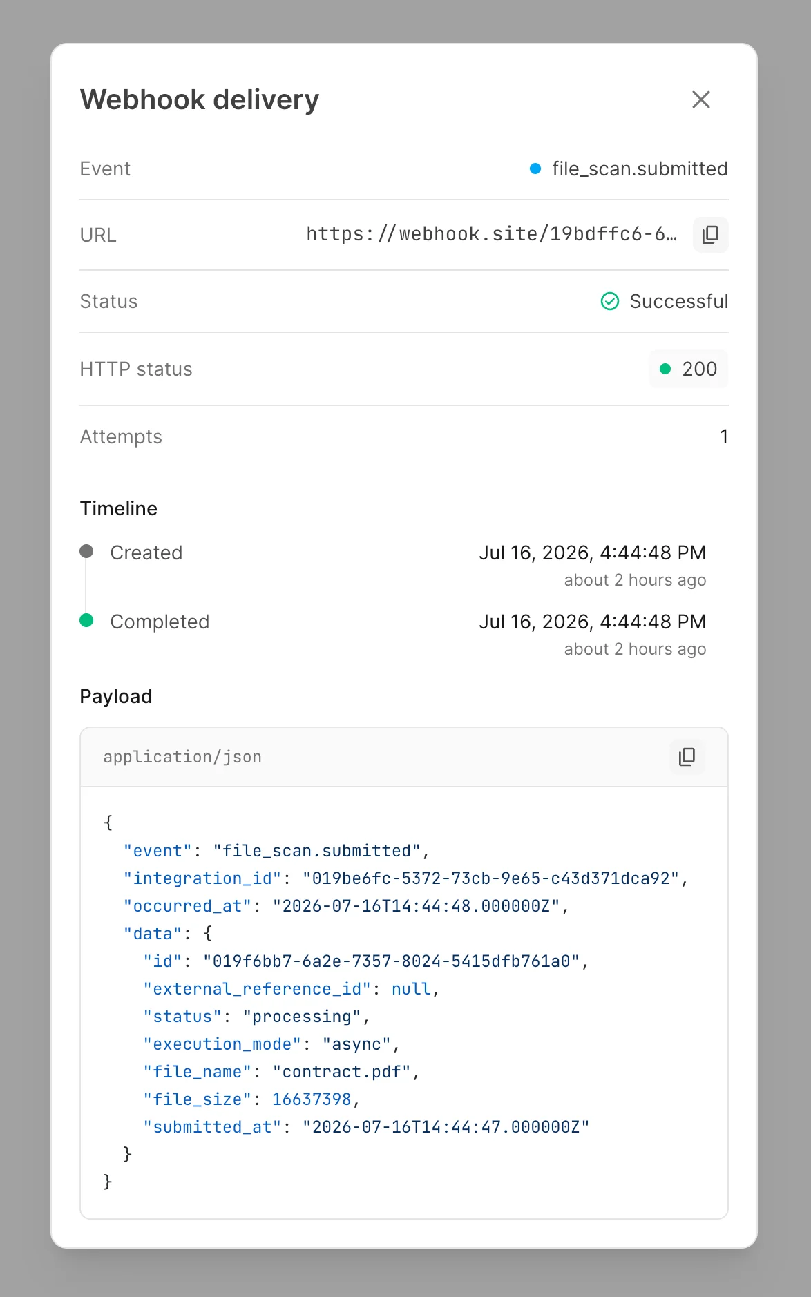 Webhook delivery details with destination, status, timeline, and JSON payload
