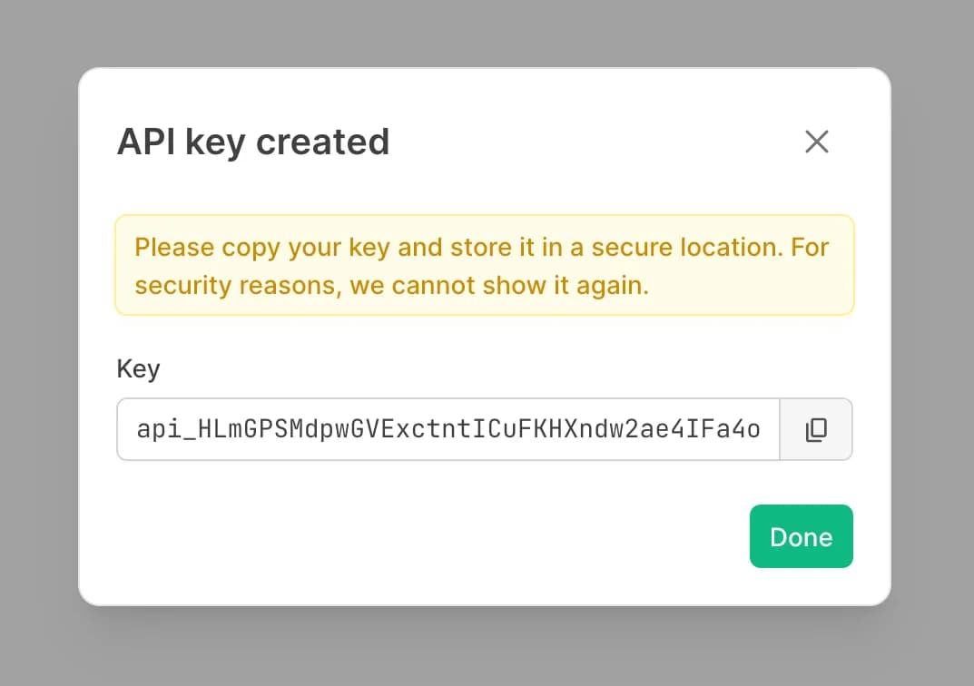 API key confirmation dialog