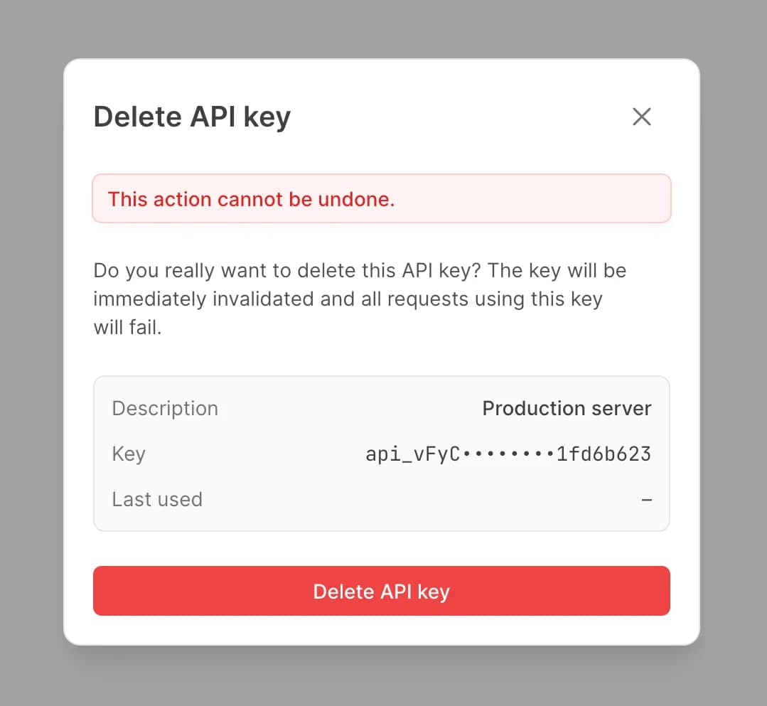 Delete API key dialog