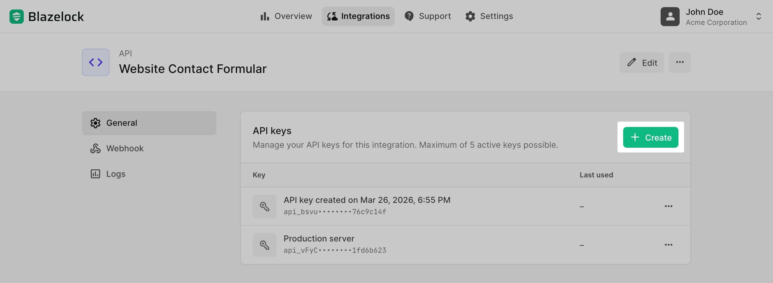 Create API key action
