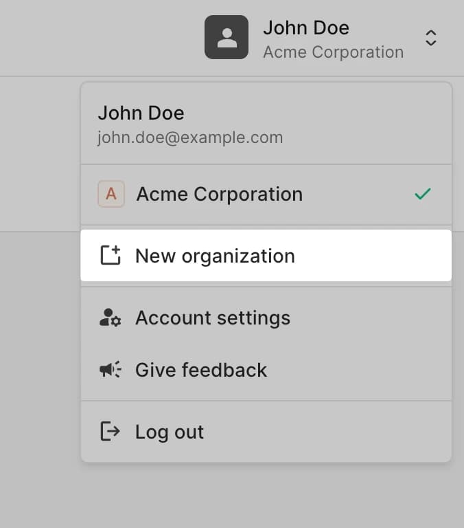 Benutzermenü mit der Aktion Neue Organisation