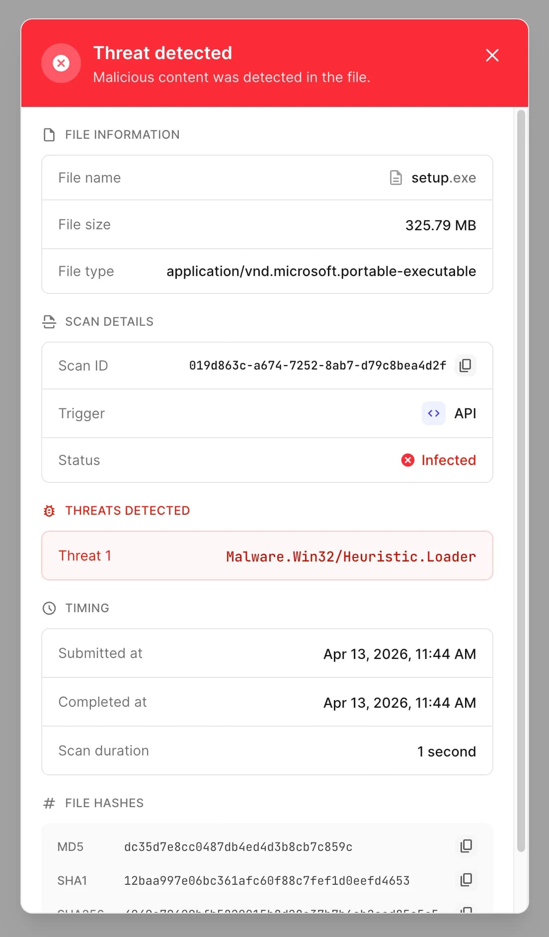 Geöffneter Dialog mit Datei- und Scan-Details