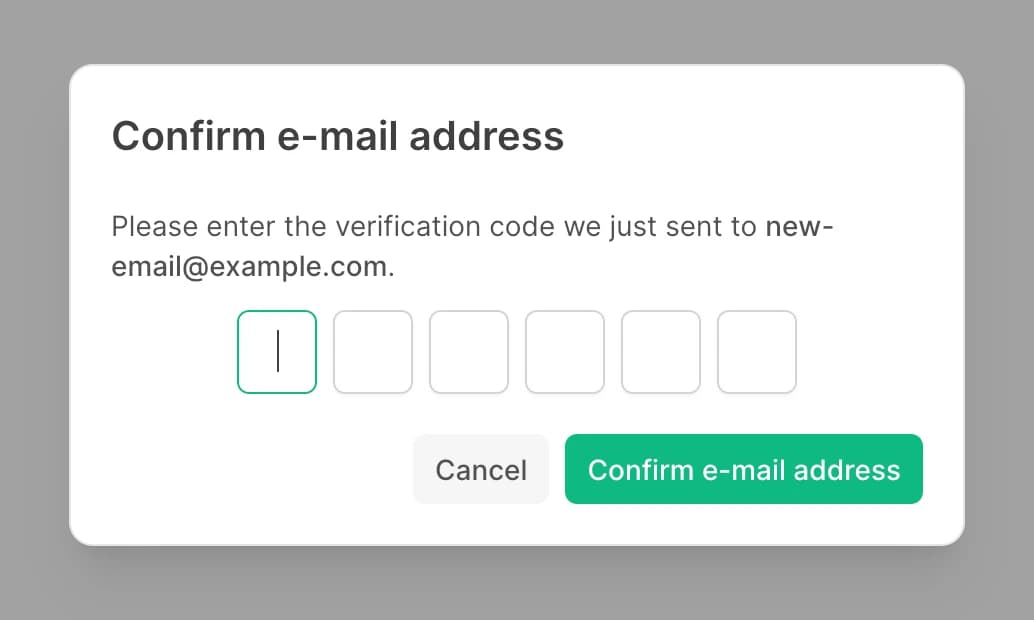 Email address verification dialog with code input