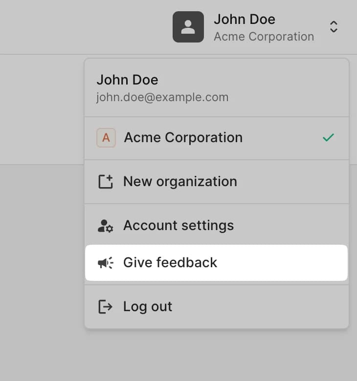 User menu with Give feedback