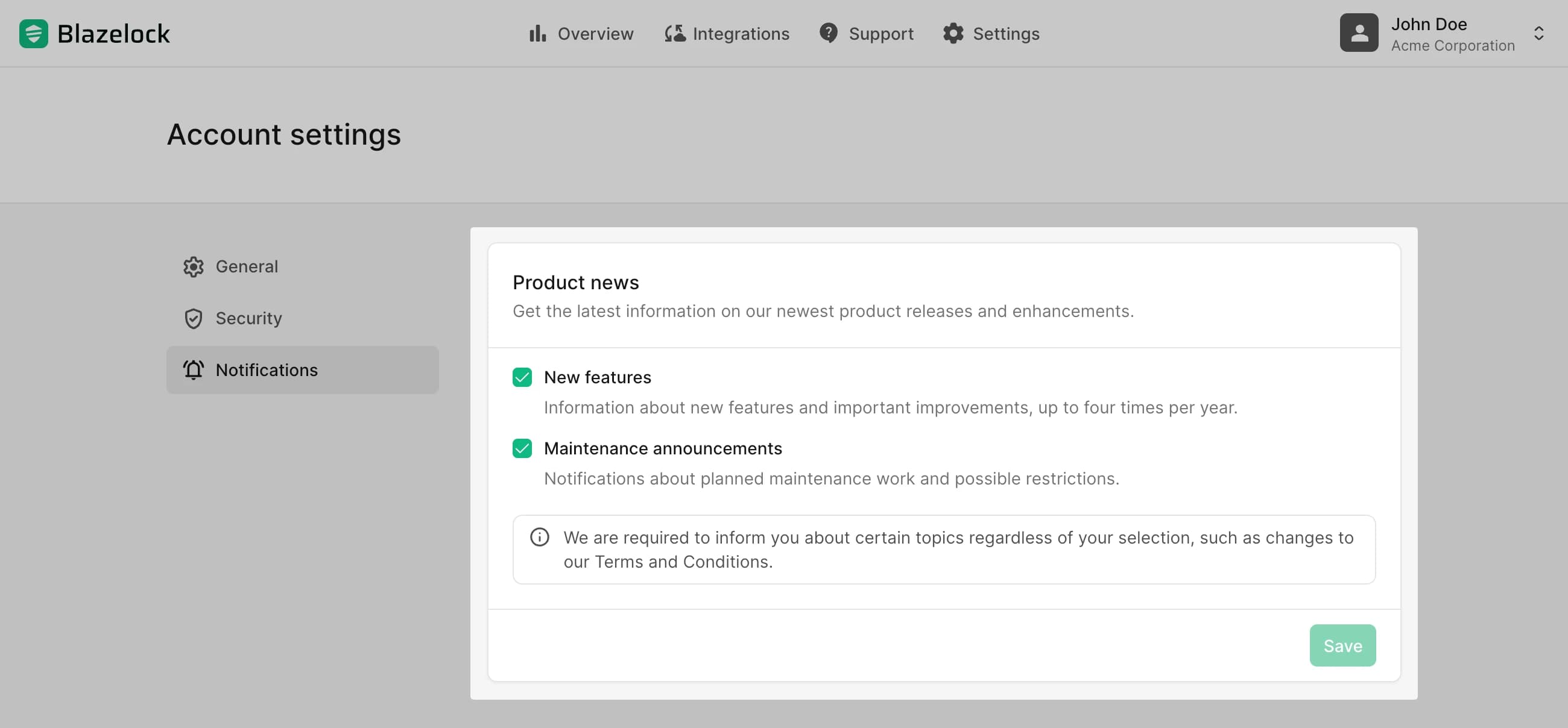 Notification settings with update preferences