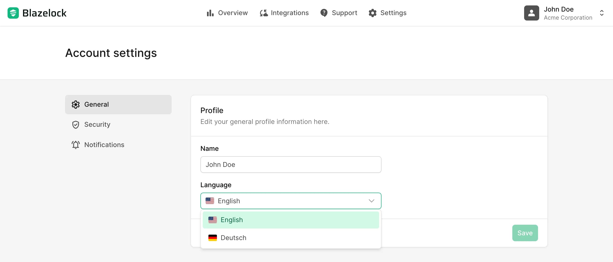 Profile section with name and language settings