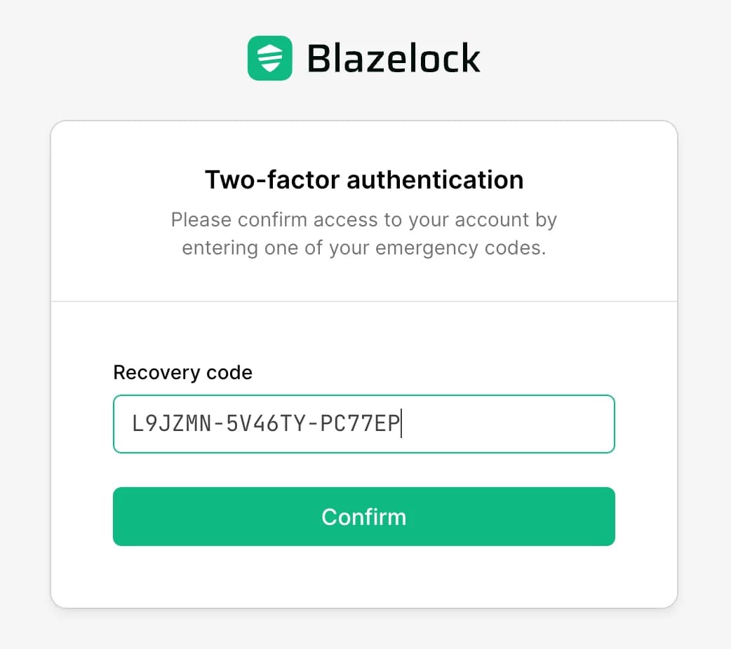Recovery code login form after switching from the regular 2FA flow
