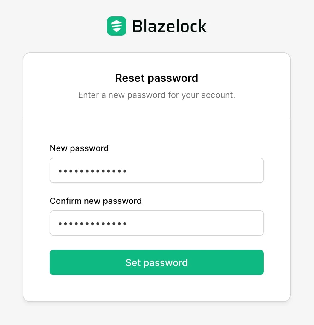 Reset password form opened from the email link
