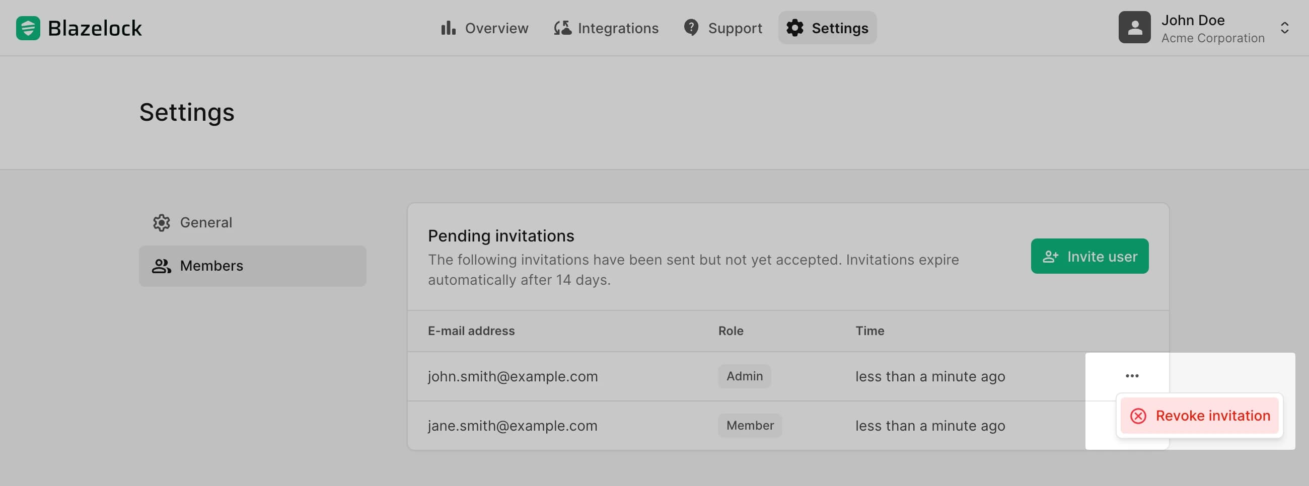Liste ausstehender Einladungen mit Widerrufen-Aktion