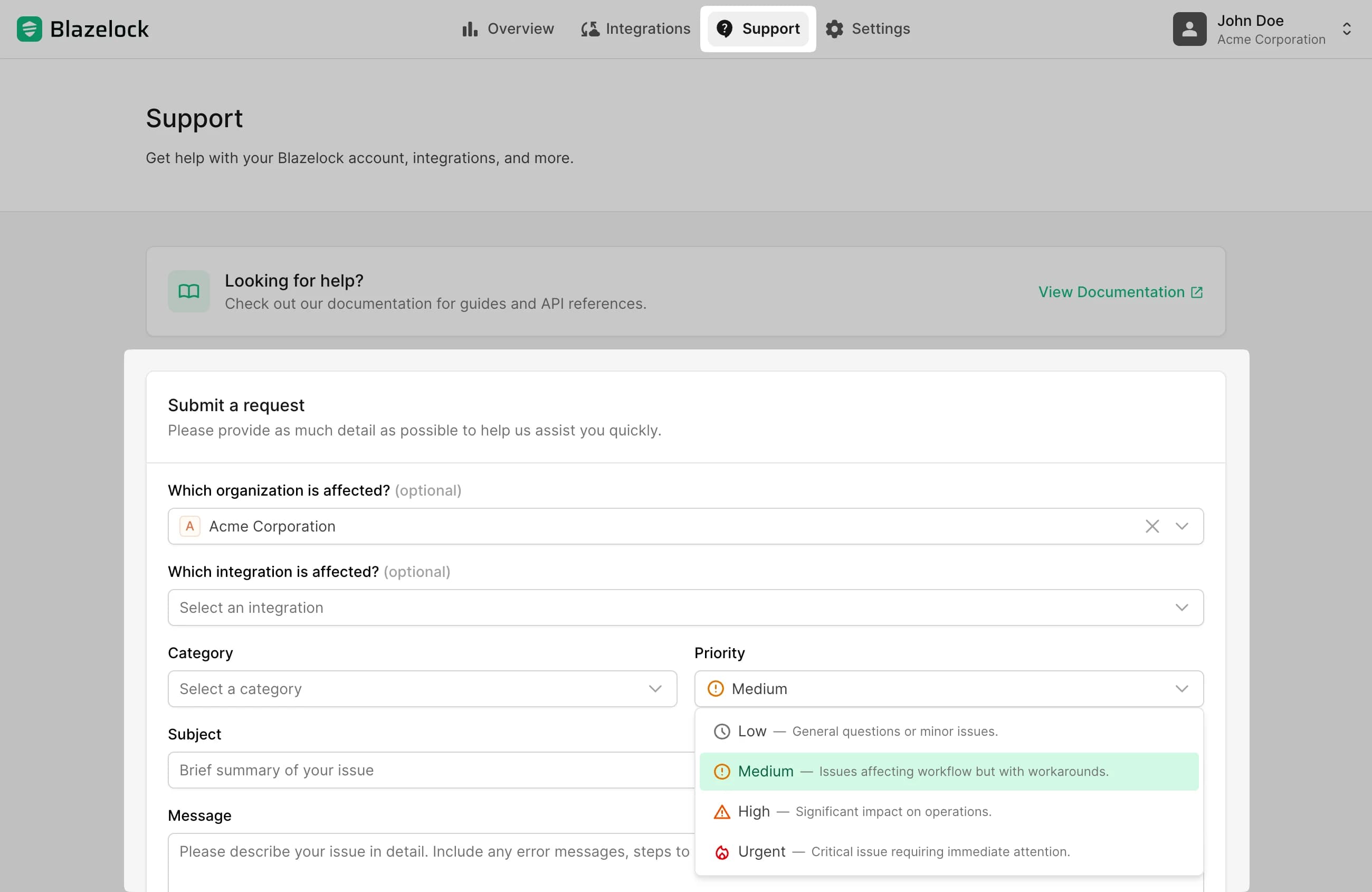 Support page with support form