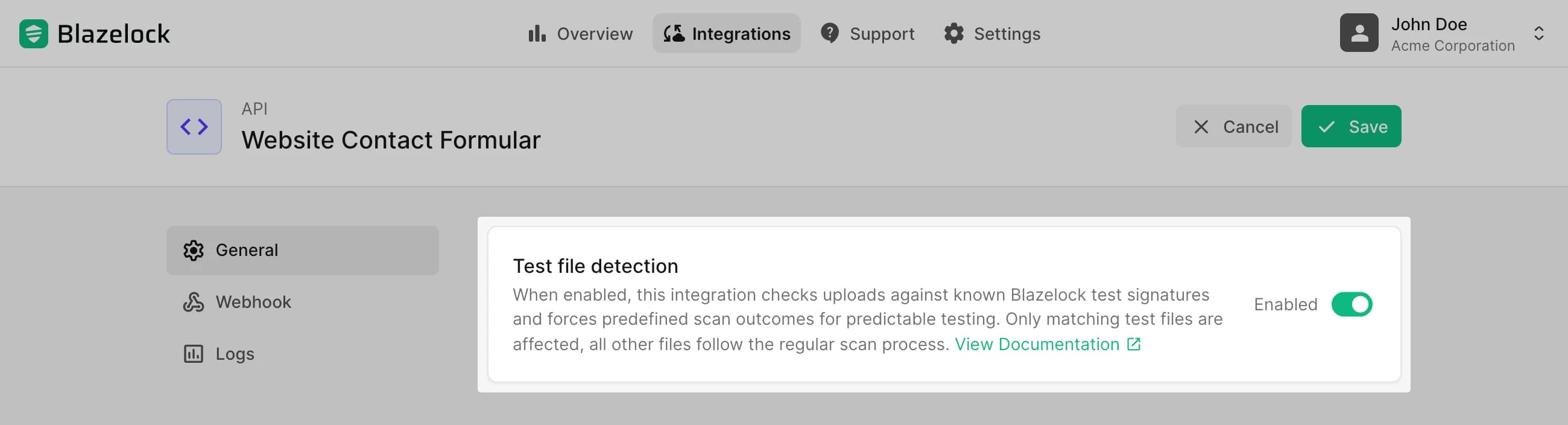 Screenshot of the Test file detection section