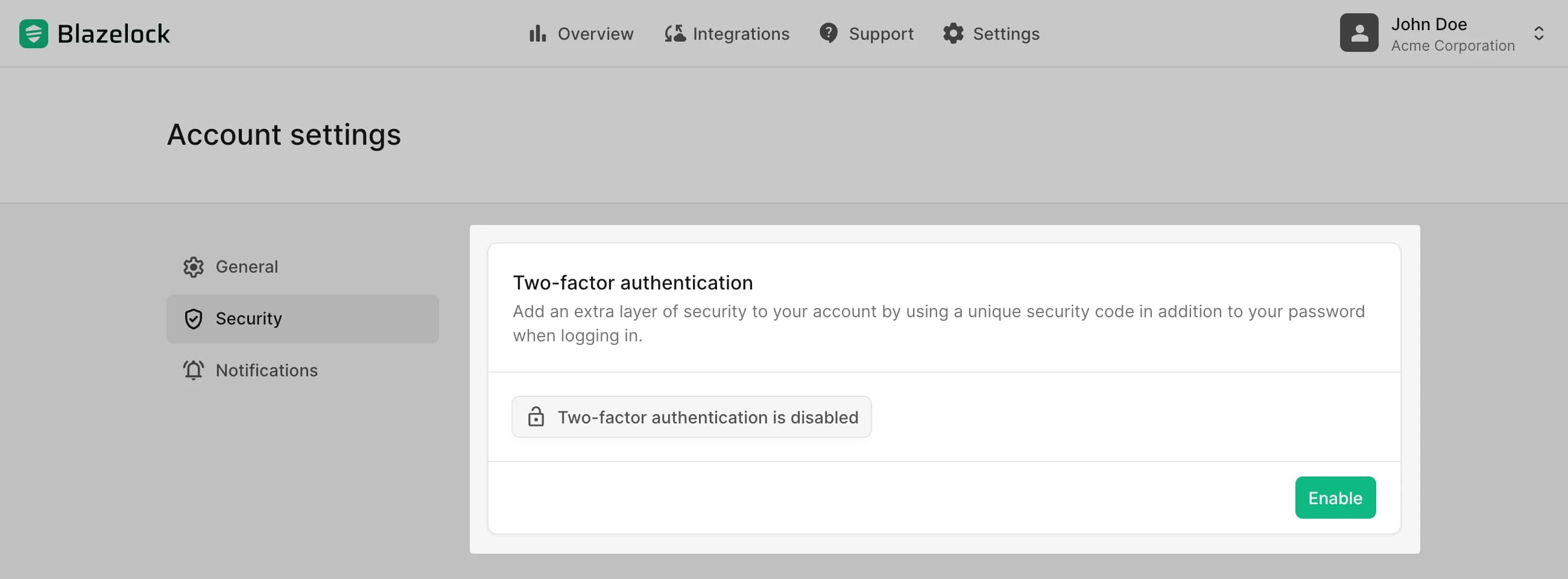Two-factor authentication card in account security settings