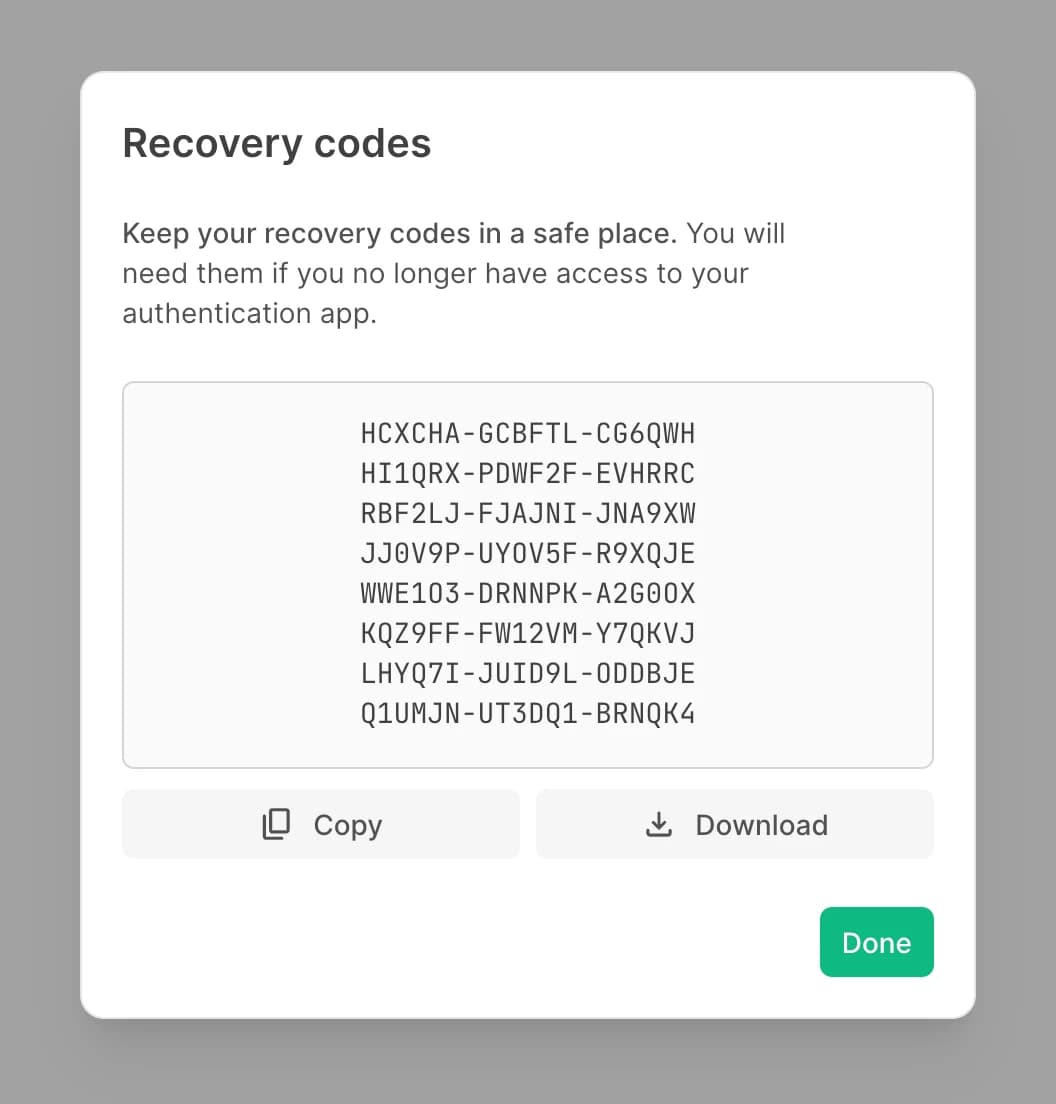 Recovery codes step with copy and download actions