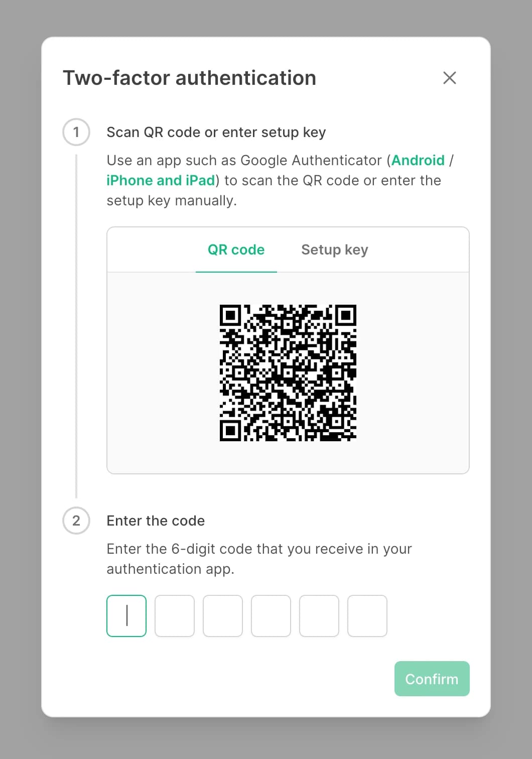Two-factor setup dialog with QR code and setup key
