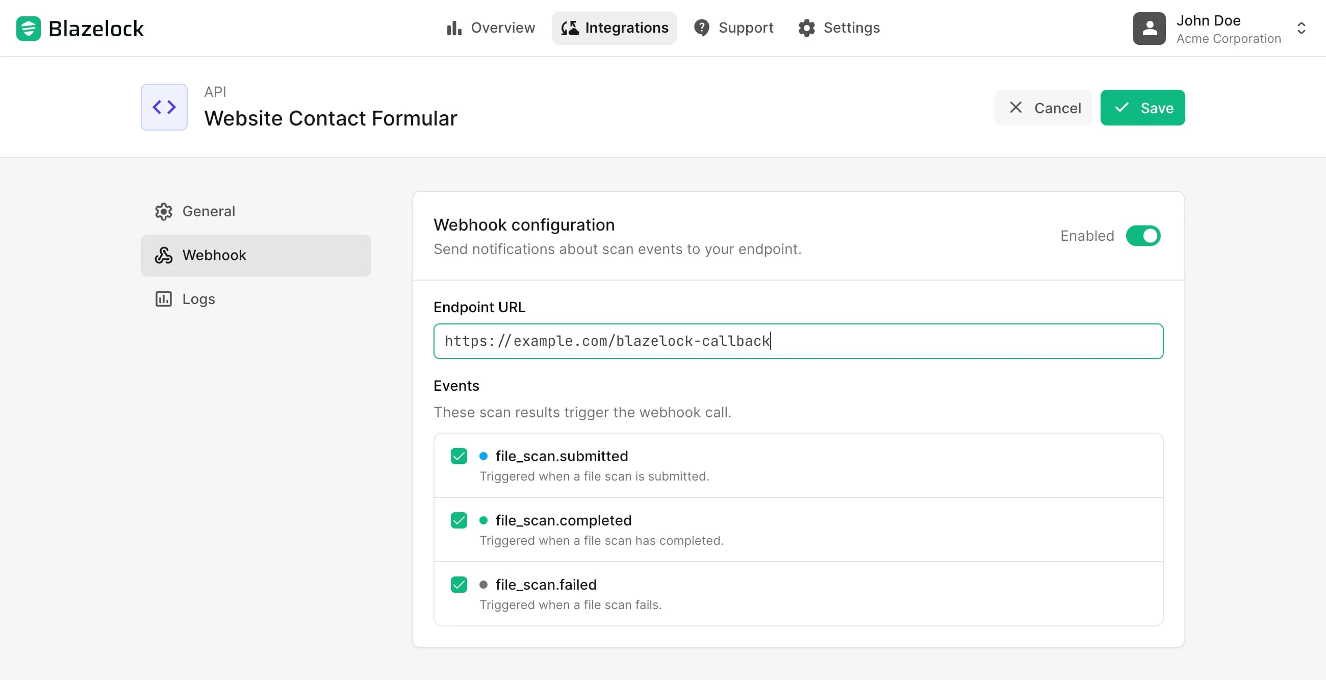 Webhook-Konfiguration mit Status, Endpunkt-URL und Ereignisauswahl